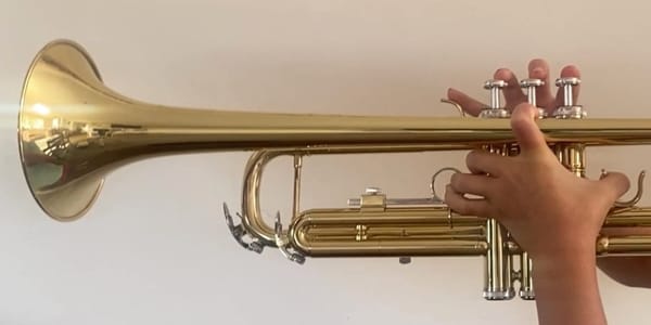 Small hands holding up a trumpet ready to play